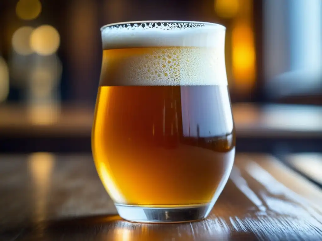 Exquisita cerveza galesa dorada en mesa de madera Cerveza galesa dorada y espumosa en vaso sobre mesa de madera - Viajes a Gales