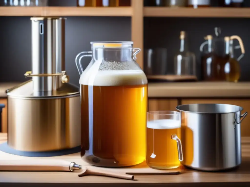 Kit para hacer cerveza sin alcohol en mesa de madera Kit casero para hacer cerveza sin alcohol: Carboy, equipo de fermentación y ingredientes, en una mesa de madera limpia