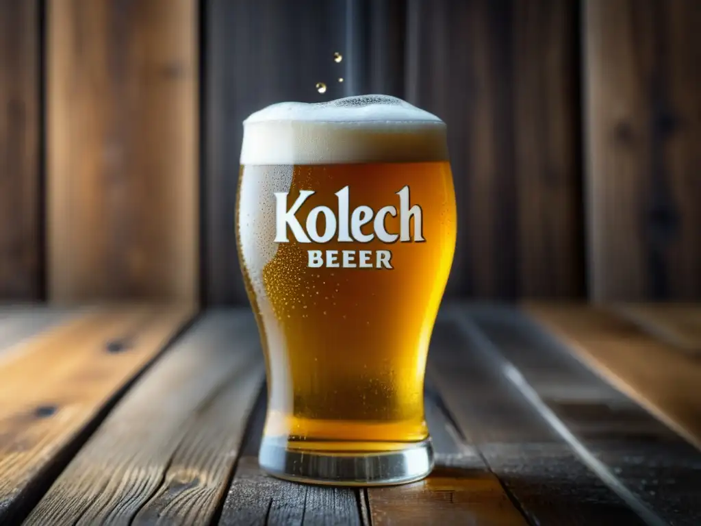 Cerveza Kölsch dorada y detallada en un vaso de cristal en una mesa de madera rústica