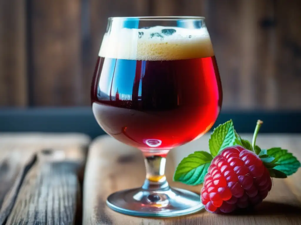 Cerveza Lambic de frambuesa fresca y menta Lambic y frutas frescas en una imagen detallada de una cerveza rubia de Lambic con frambuesas y menta