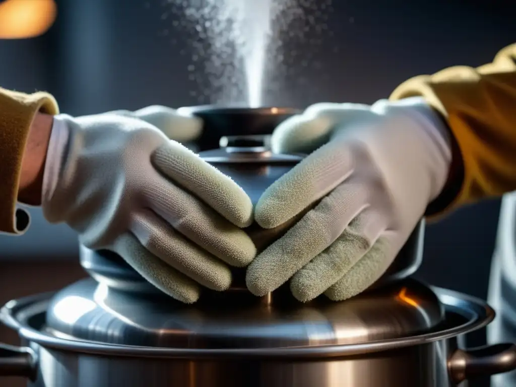 Pasión por el Detalle: Manos limpiando una caldera de acero inoxidable con esponja y agua jabonosa
