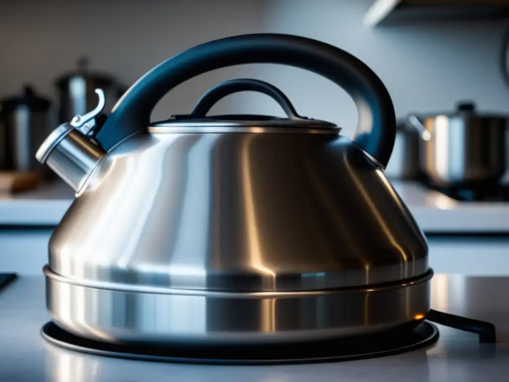 Elegante hervidor de acero inoxidable y su meticulosa limpieza Esterilización equipo: Kettle acero inoxidable limpio, detalles precisos, superficie impecable, gotas agua destacan limpieza