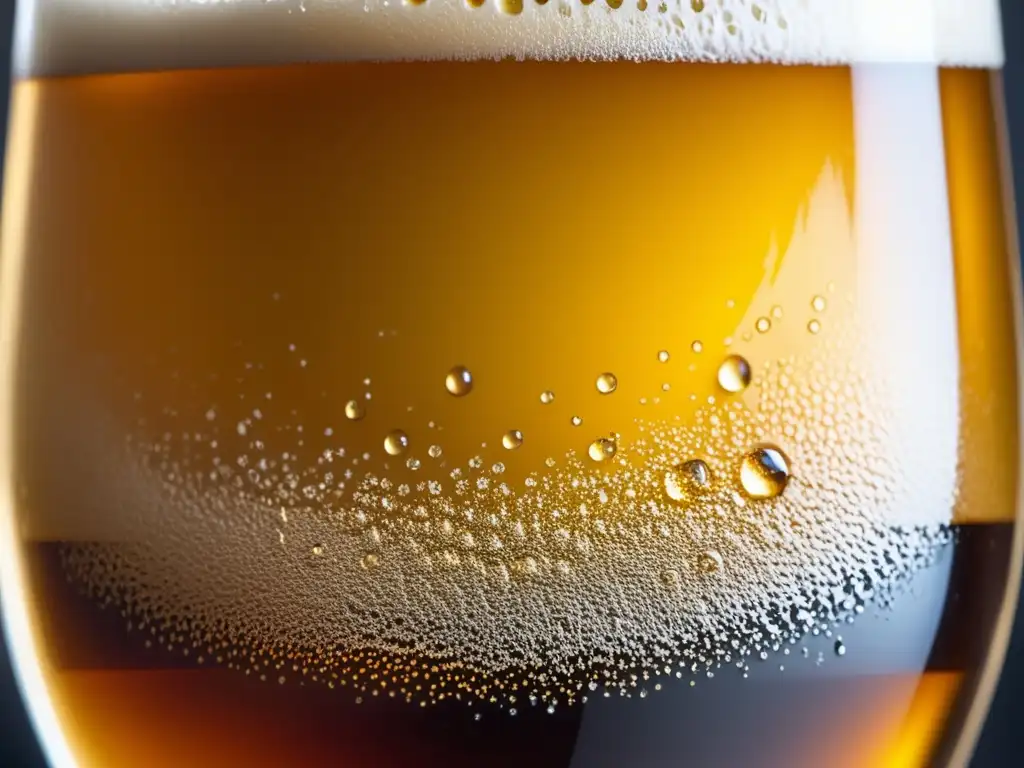 Cerveza dorada con burbujas Vaso de cerveza dorada, burbujas efervescentes y condensación