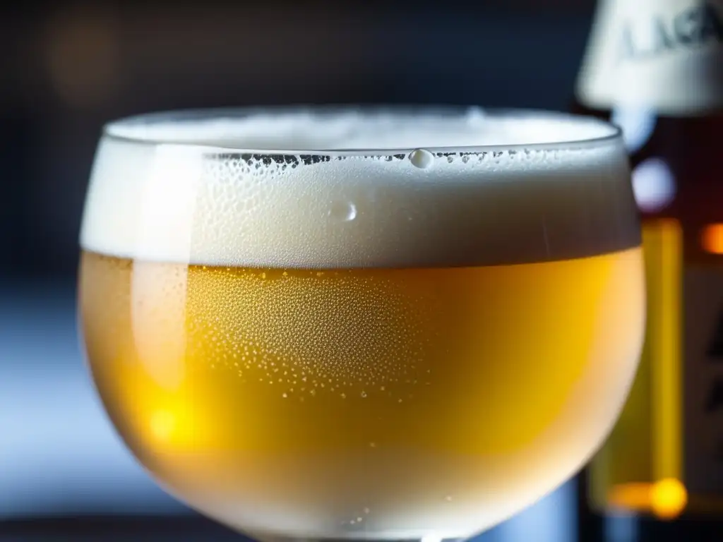 Cerveza Allagash White en vaso tulipán belga, con condensación y burbujas