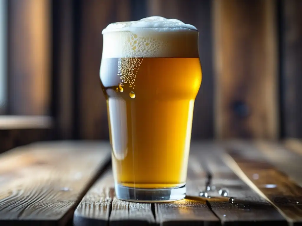 Cerveza dorada con espuma cremosa en mesa rústica Cerveza dorada en mesa rústica