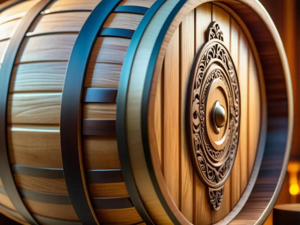 Barril de madera tallado y brillante Un barril de madera artesanal con detalles intrincados y acabado brillante