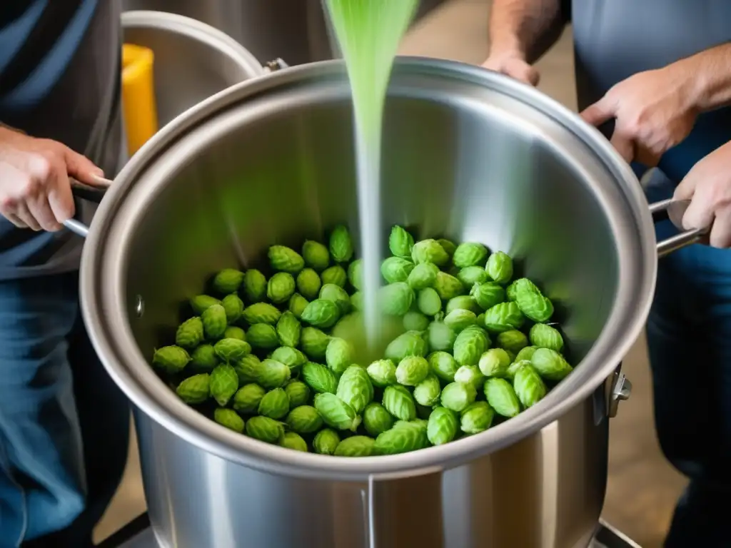 Maestro cervecero añadiendo lúpulo Crecimiento Cervecero: Maestro cervecero añadiendo lúpulo a una olla de acero inoxidable, resaltando detalle y artesanía