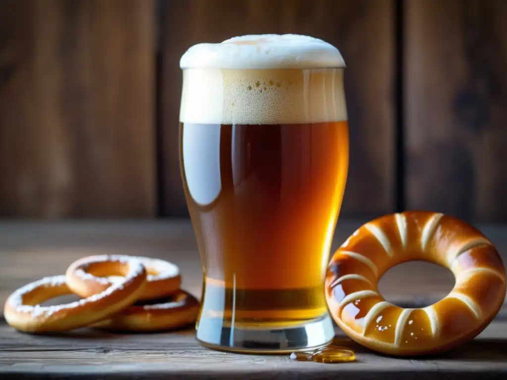 Cerveza Maibock dorada con espuma y pretzels bávaros en mesa de madera
