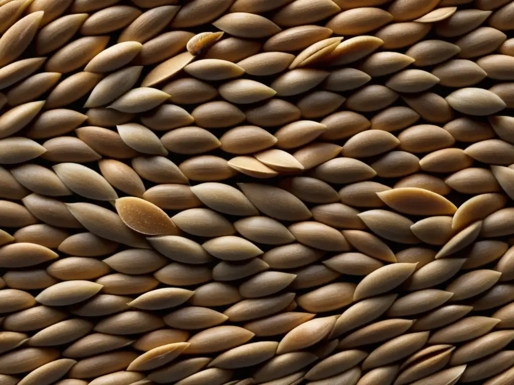 Pila de granos de centeno malteado, tonos dorados y textura detallada Detalle de granos de centeno malteado en tonos dorados, resaltando textura y artesanía