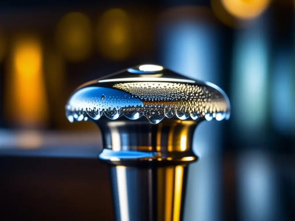 Manija de cerveza fría con gota de condensación Mango de cerveza en barril: detalle elegante y sofisticado con condensación y reflejos metálicos