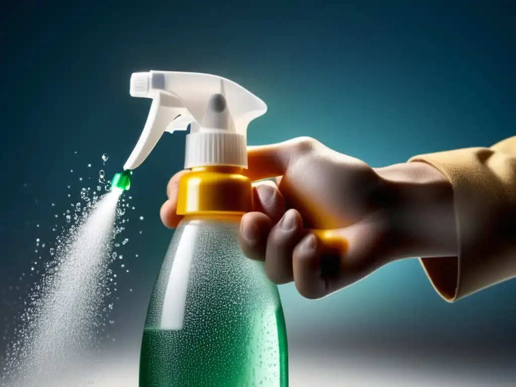 Mano sosteniendo spray desinfectante, sanitización esencial