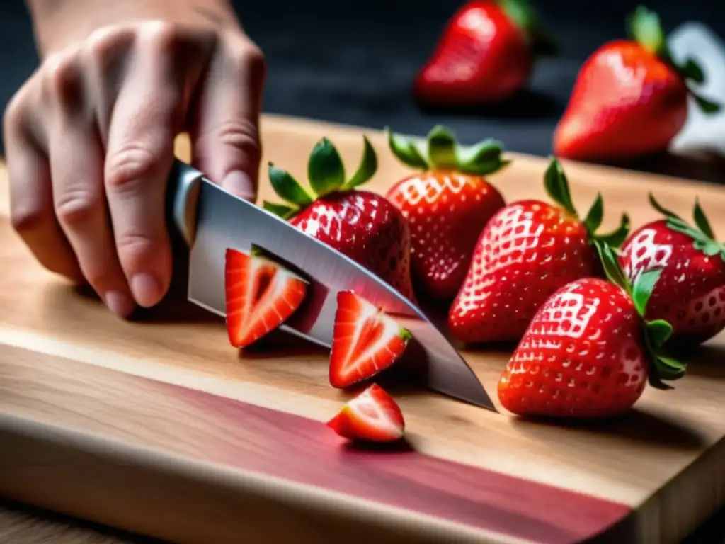Delicado corte de fresas en tabla Elaboración con Frutas: Mano cortando fresas jugosas y vibrantes
