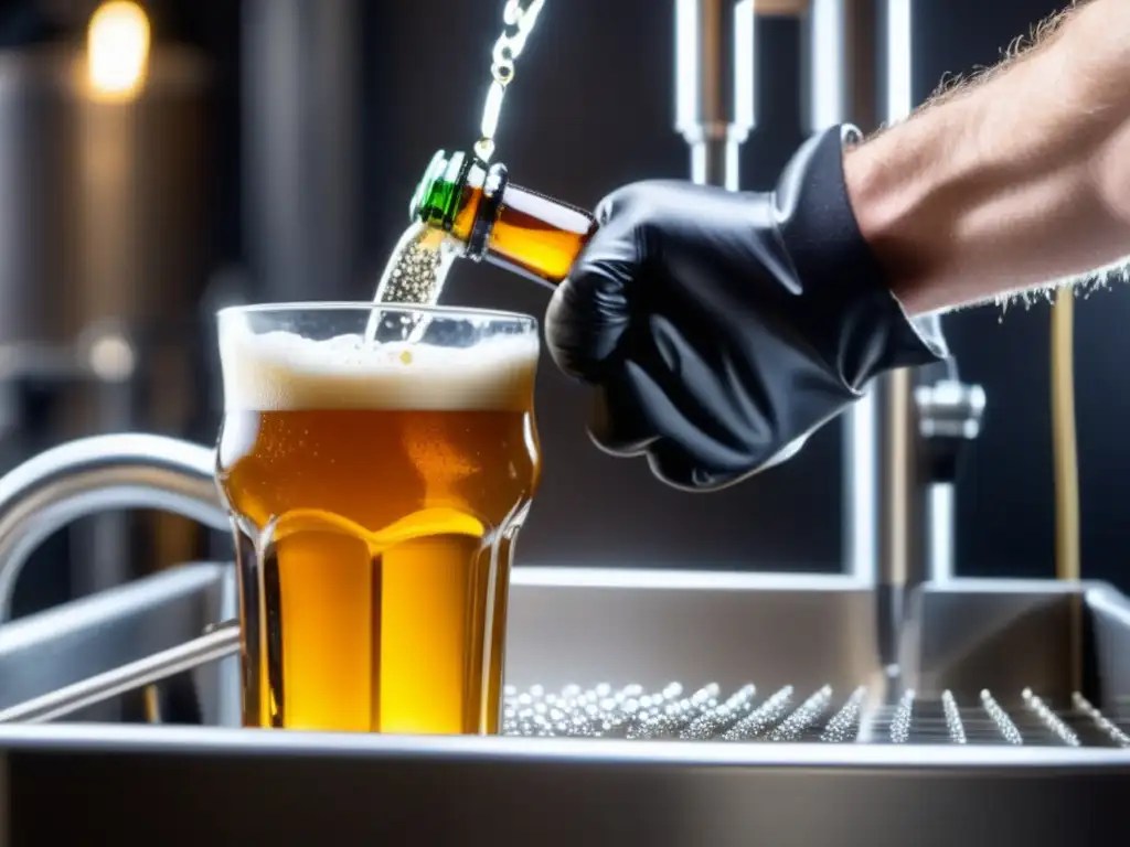 Envasado de cerveza en botella Equipo de embotellado con mano sujetando boquilla, cerveza fluyendo y iluminación resaltando transparencia y tono dorado