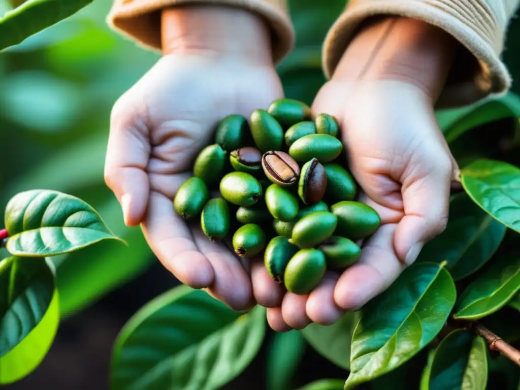 Mano seleccionando granos de café frescos Café recién cosechado y detalles de los granos desde el grano