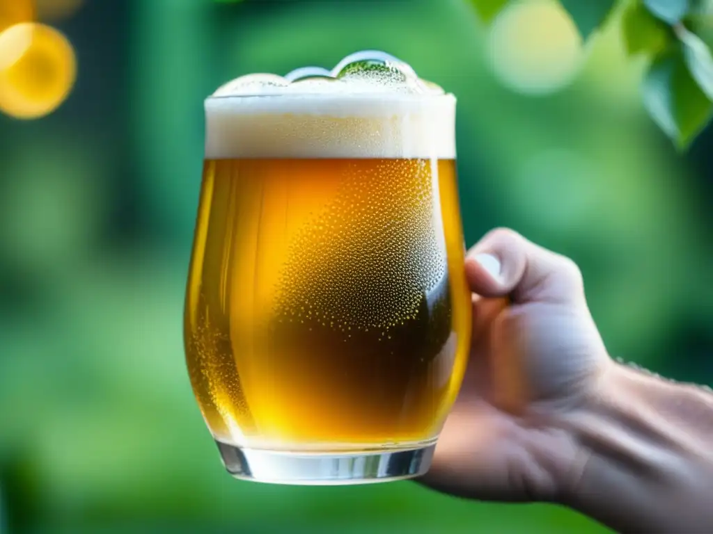 Mano sosteniendo cerveza artesanal Hand holding craft beer, showcasing golden color, bubbles, condensation