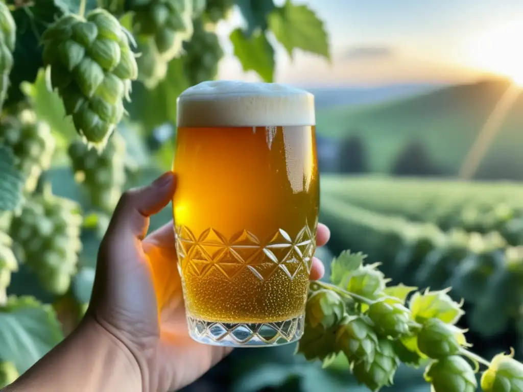 Cerveza dorada entre plantas de lúpulo Mano sosteniendo cerveza dorada con lúpulos verdes - Comunidades Sostenibles