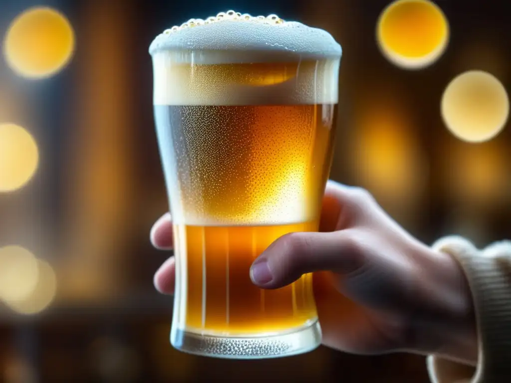 Mano sosteniendo vaso de cerveza dorada y burbujeante con condensación, espuma y fondo bokeh,  Aplicaciones útiles