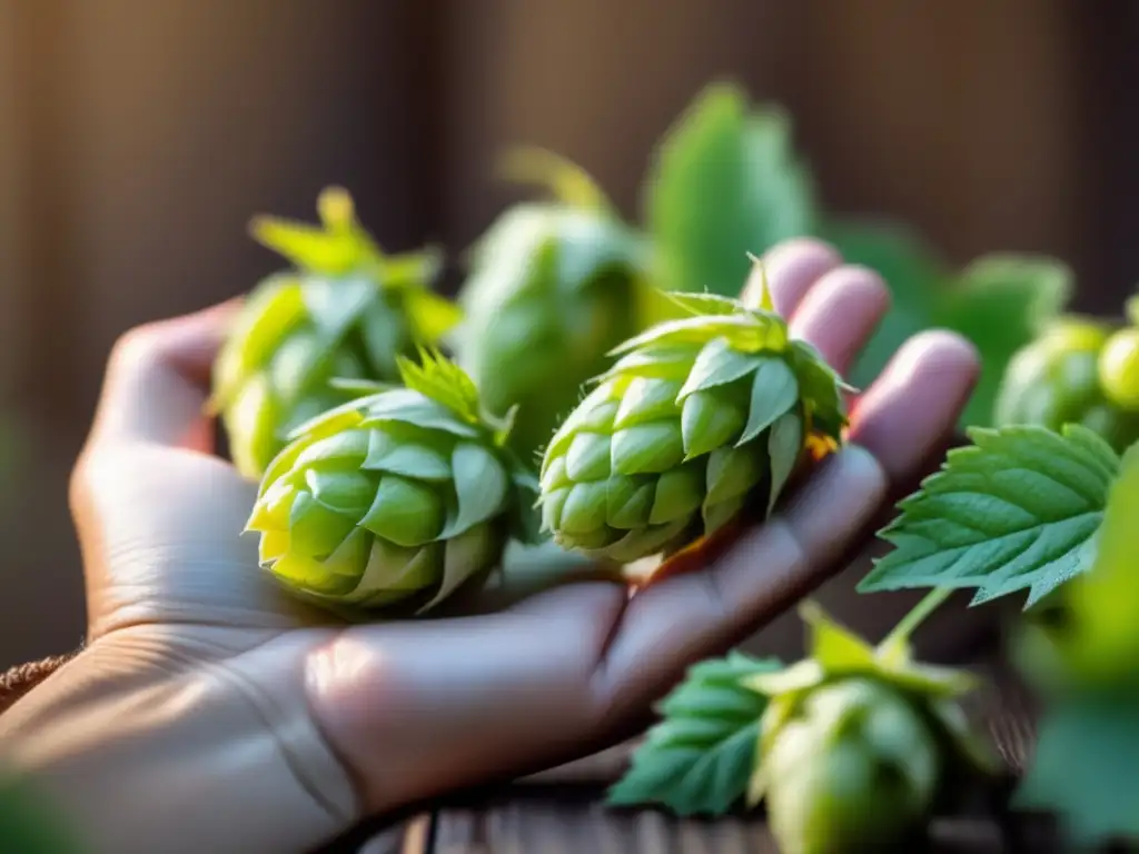 Mano sosteniendo lúpulo de calidad en Cervecería Aromas del Sur: Lúpulo, Agua y Pasión