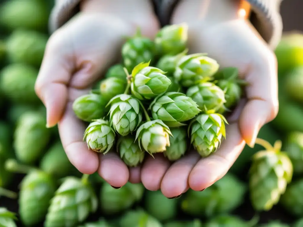 Mano sosteniendo lúpulos frescos Ingredientes Autóctonos: Mano sosteniendo lúpulos frescos, verdes y vibrantes, con detalles nítidos y textura resinosa