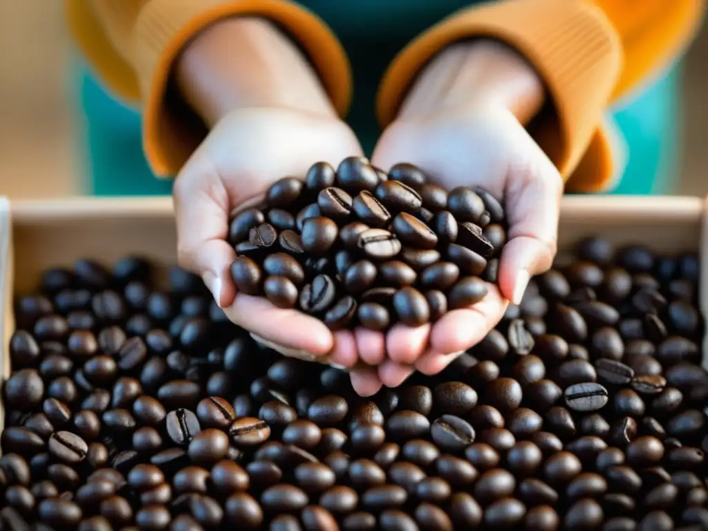 Manos de Isabel Castro sosteniendo granos de café oscuros Manos de Isabel Castro sosteniendo granos de café oscuros y vibrantes - Desde el Grano