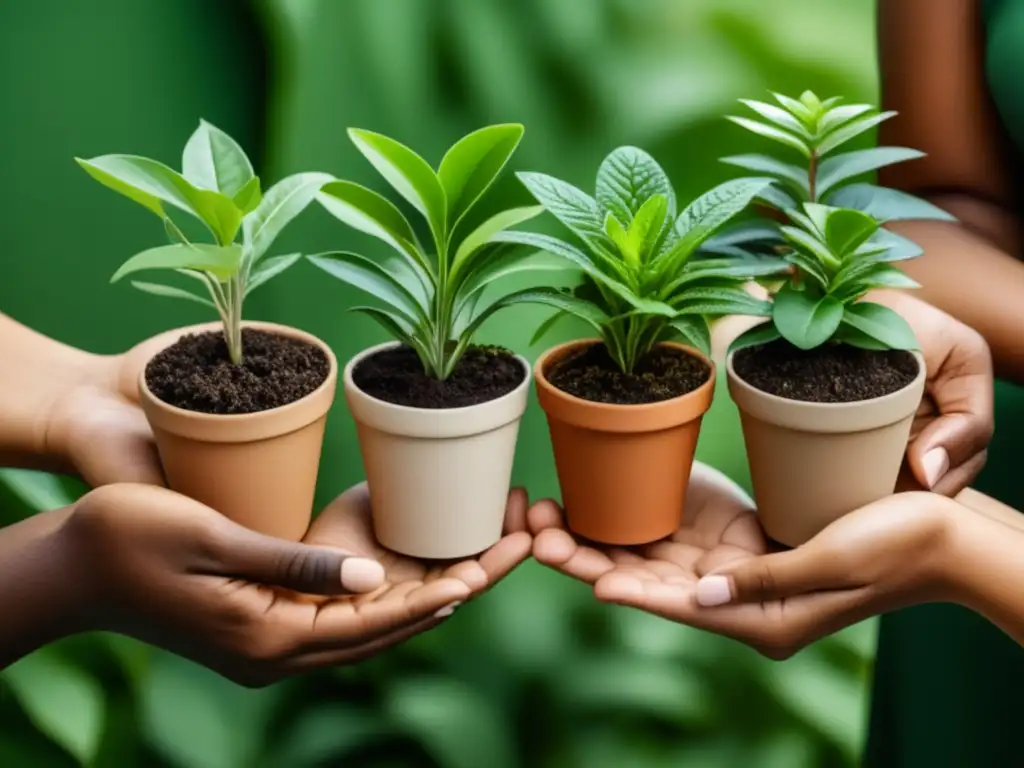 Manos diversas sosteniendo plantas: inclusividad y sostenibilidad Manos diversas sosteniendo plantas: Representación inclusiva y apoyo a comunidades sostenibles
