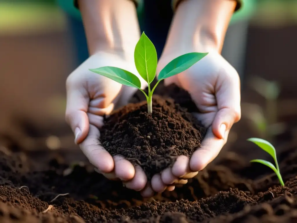 Manos sosteniendo un pequeño árbol en la tierra, simbolizando el compromiso con el transporte verde