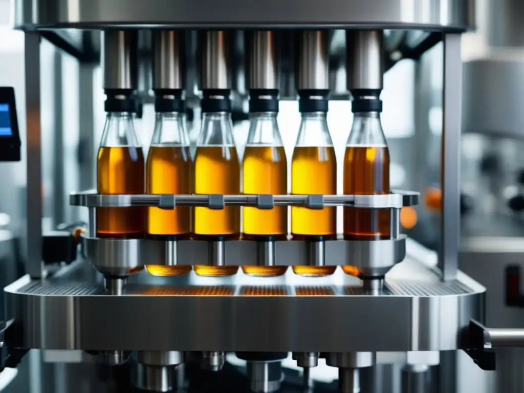 Máquina de embotellado de acero inoxidable llenando una botella Equipo de embotellado de acero inoxidable de alta calidad, llenando con precisión botellas con líquido ámbar vibrante