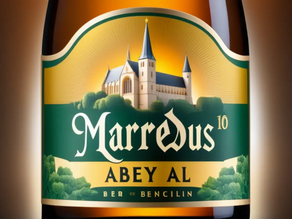 Botella de Maredsous 10 Abbey Ale con detalles arquitectónicos y colores cálidos que invitan a explorar la cerveza