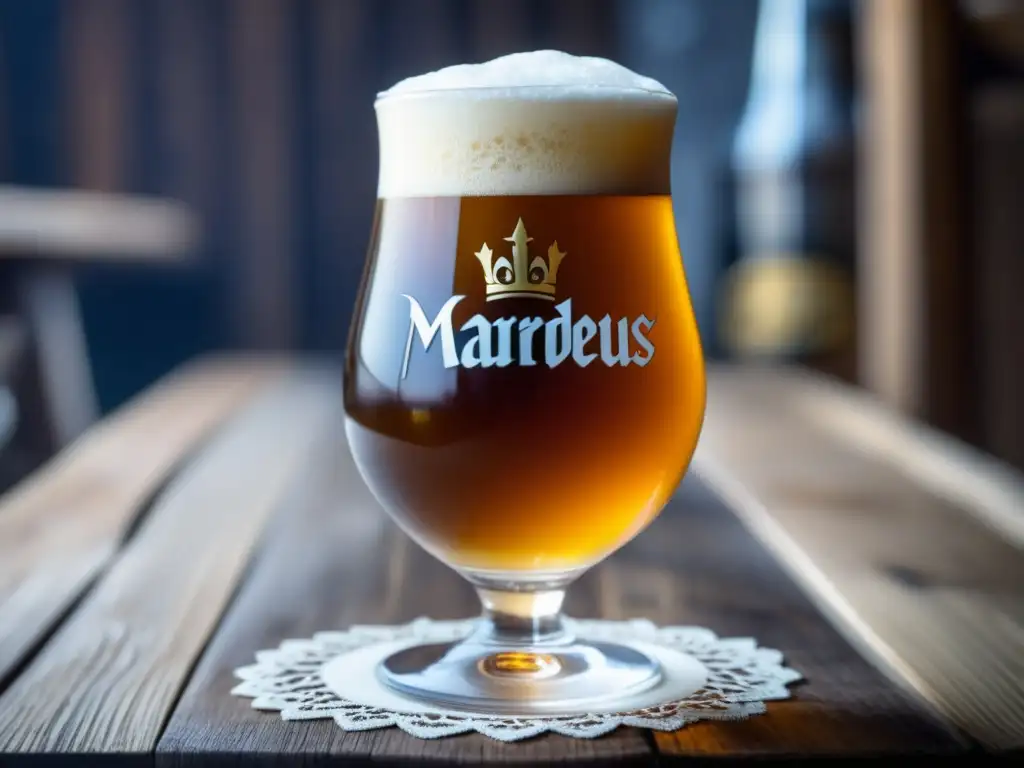 Cerveza Maredsous 10 Abbey Ale en vaso adornado, rica en color y tradición