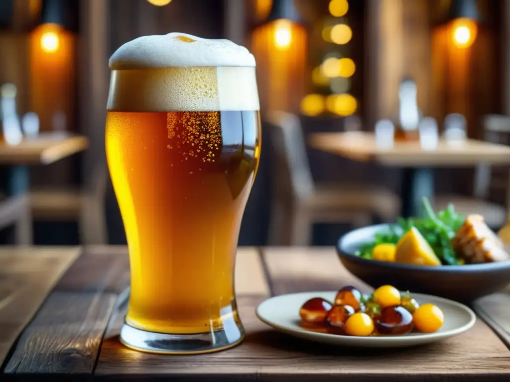 Cerveza dorada en vaso con comida deliciosa Copa de cerveza dorada con burbujas y comida deliciosa en mesa rustica - Webinars de Maridaje