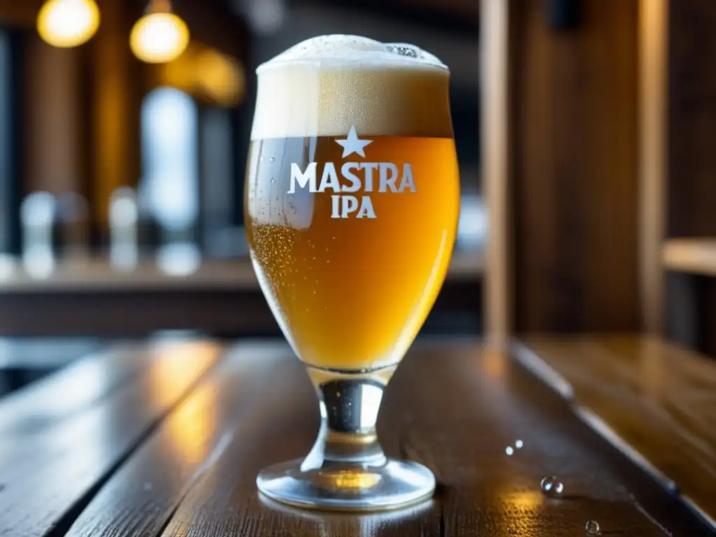 Cerveza dorada Mastra IPA en mesa de madera Detalle ultradetallado de una cerveza Mastra Golden IPA en una mesa de madera rústica, con condensación en el vaso y burbujas efervescentes