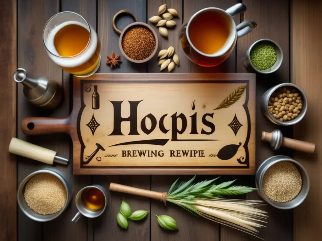 Mesa rústica con herramientas de cerveza y receta Imagen de una mesa de madera rústica con herramientas de elaboración de cerveza antiguas