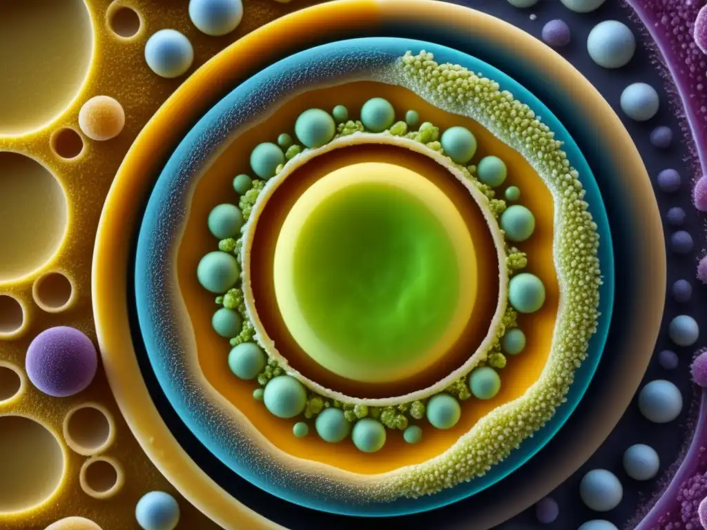 Estructura de célula de levadura: detalles y ingredientes de cerveza Estructura detallada de una célula de levadura rodeada de ingredientes de cerveza - El Alma de la Cerveza