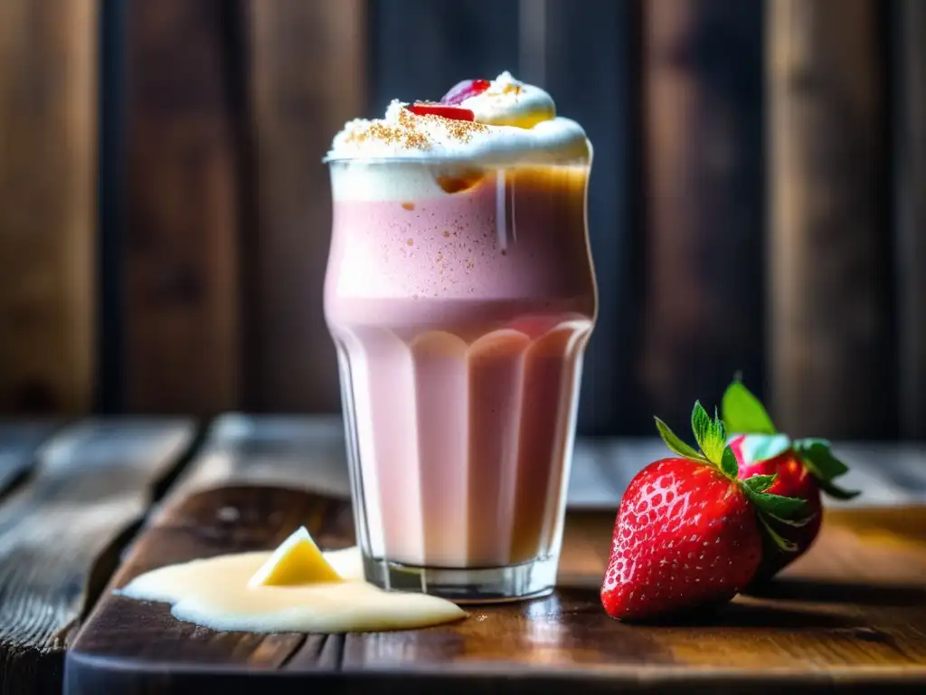 Pint glass con Milkshake IPA, fresas frescas y lúpulo en mesa de madera rústica