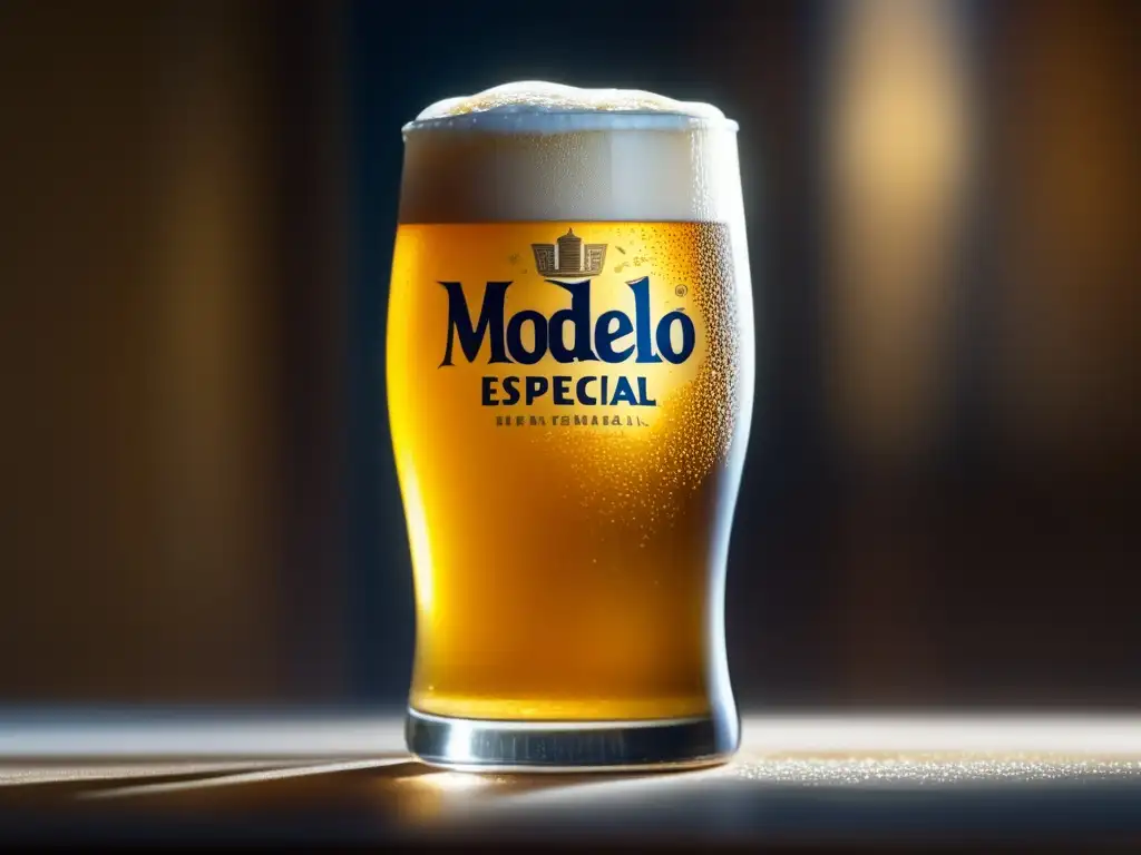 Cerveza Modelo Especial recién vertida en un vaso elegante Cerveza Modelo Especial en vaso alto con burbujas y condensación