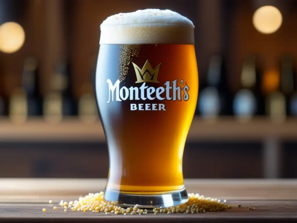 Cerveza Monteith's, exquisita y artesanal, con espuma dorada, rodeada de lúpulo y malta