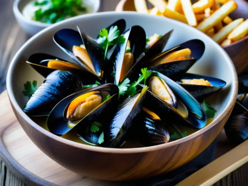 Deliciosa presentación de Deliciosa 'Moulesfrites' belga: mussels, fries y tradición culinaria en una imagen - Ruta por Bélgica