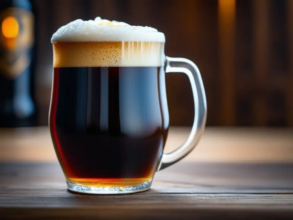 Cerveza Bock en vaso de cristal - Imagen detallada de una jarra de cerveza Bock rebosante en una mesa de madera con platos invernales