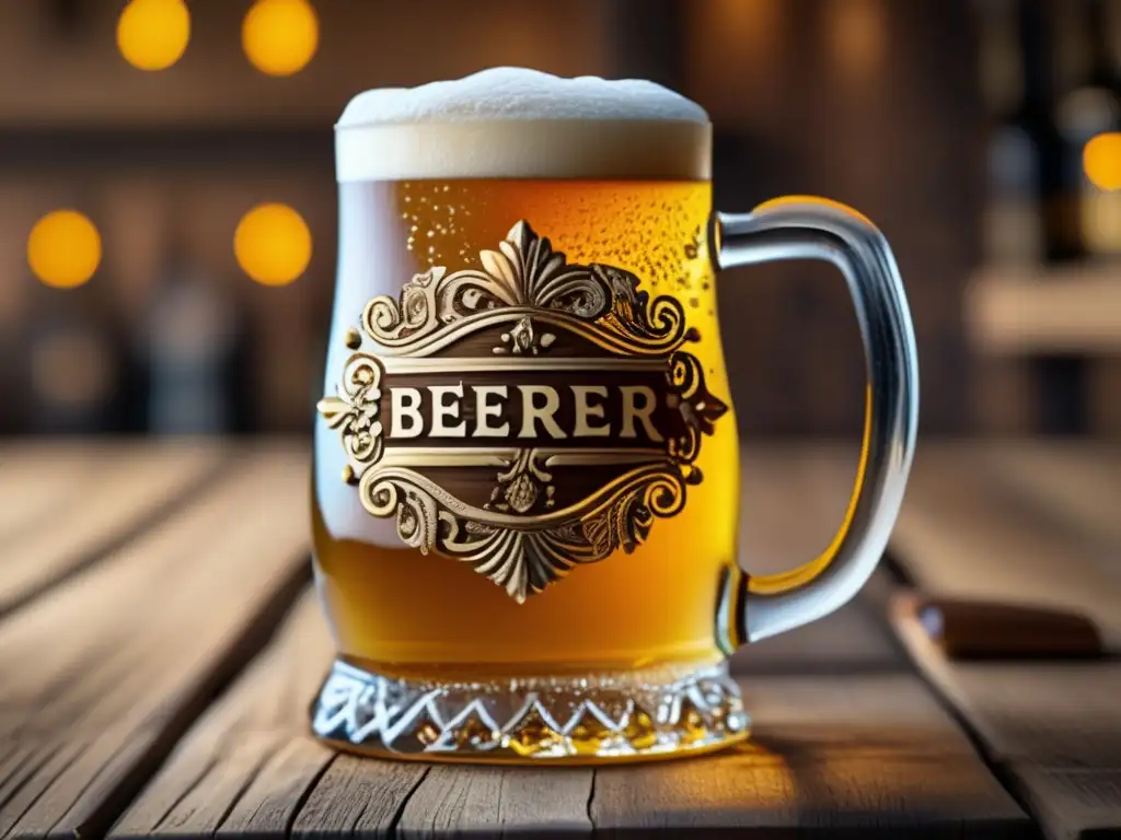 Cerveza dorada en jarra tallada Una imagen detallada de una jarra dorada de cerveza, con adornos y tallados intrincados, reposa sobre una mesa de madera rústica