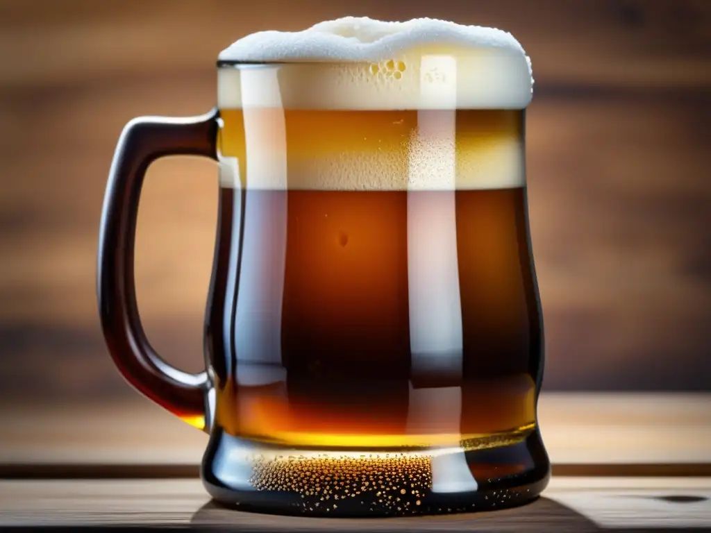 Cerveza dorada en jarra de madera Una imagen detallada de una jarra de cerveza de madera llena hasta el borde con una espumosa y rica cerveza ámbar, resaltando su sabor a caramelo