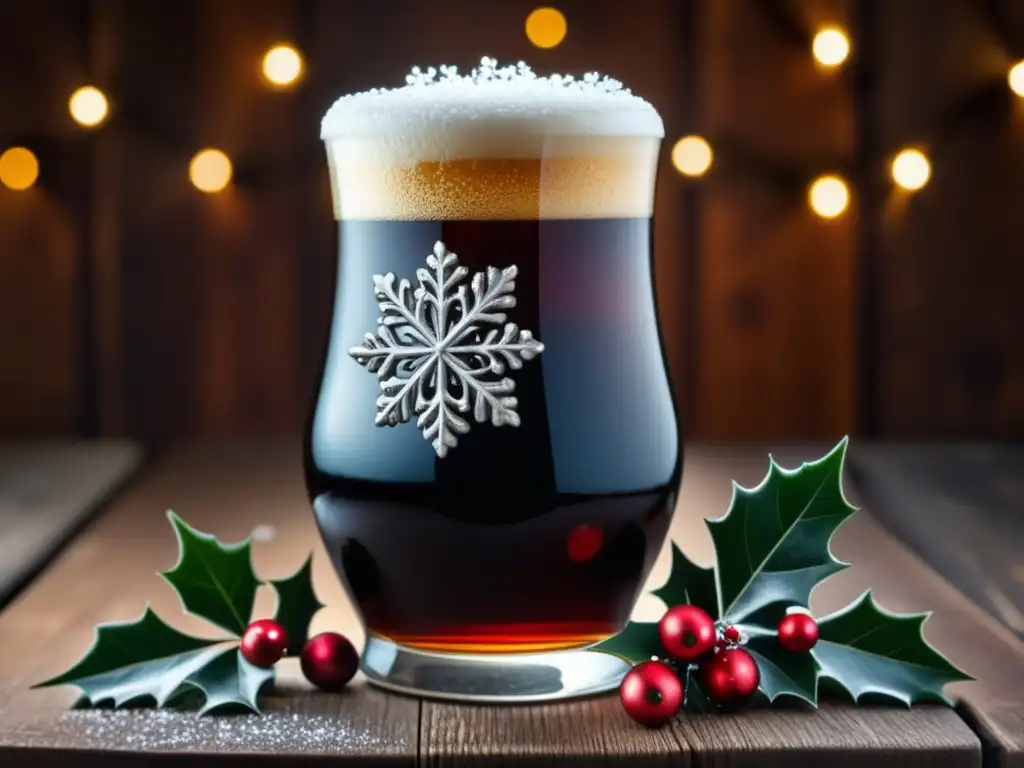 Cerveza navideña espumosa con decoración festiva Detallada imagen de una cerveza navideña ámbar en un vaso de vidrio, con espuma y adornos festivos