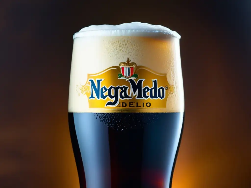 Negra Modelo: Cerveza oscura y elegante Una Negra Modelo: Cerveza oscura con textura suave y burbujas finas, en vaso elegante