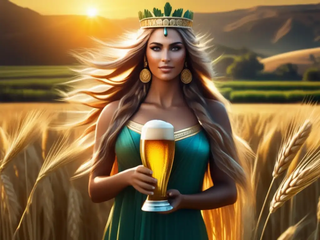 Imagen de la diosa Ninkasi en un campo de cebada, con detalle y realismo
