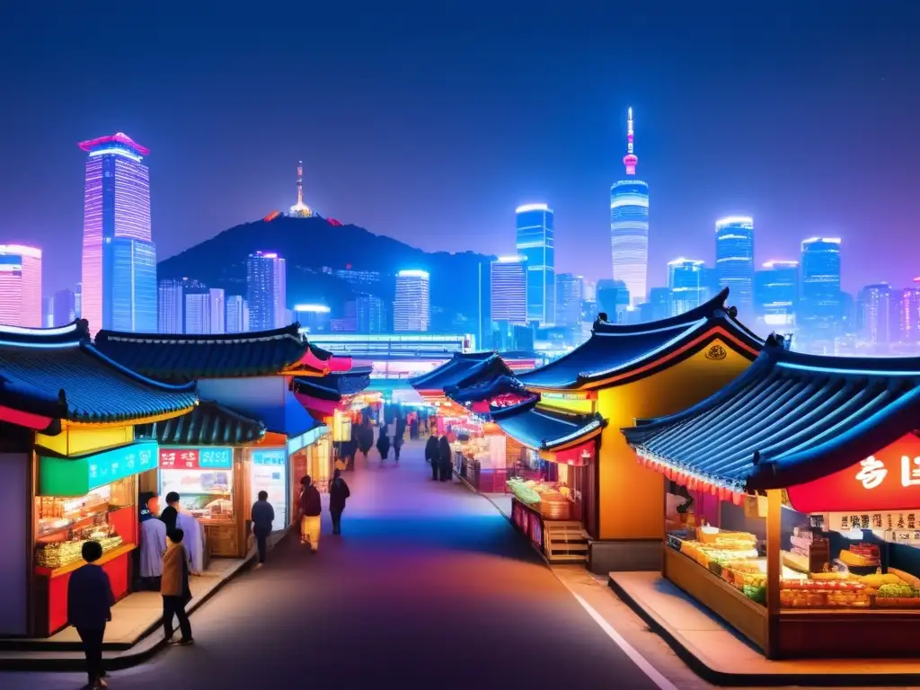 Seúl de noche: vibrante mezcla de tradición y modernidad Ruta por Corea del Sur: Calles nocturnas de Seúl con luces neón, comida callejera y arquitectura tradicional y moderna