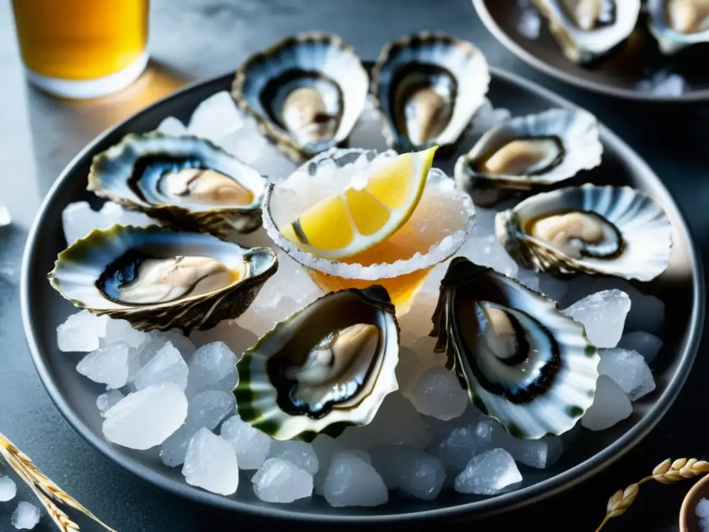 Deliciosas ostras y cerveza dorada Cervezas de Trigo y Mariscos: Platter de ostras frescas y cerveza de trigo