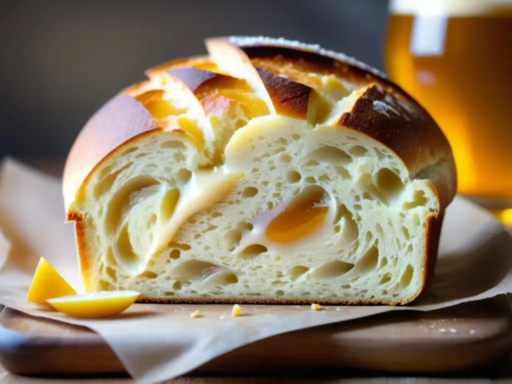 Delicioso pan recién horneado con miel y cerveza Pan de trigo recién horneado con corteza dorada y esponjosa miga, acompañado de cerveza de trigo