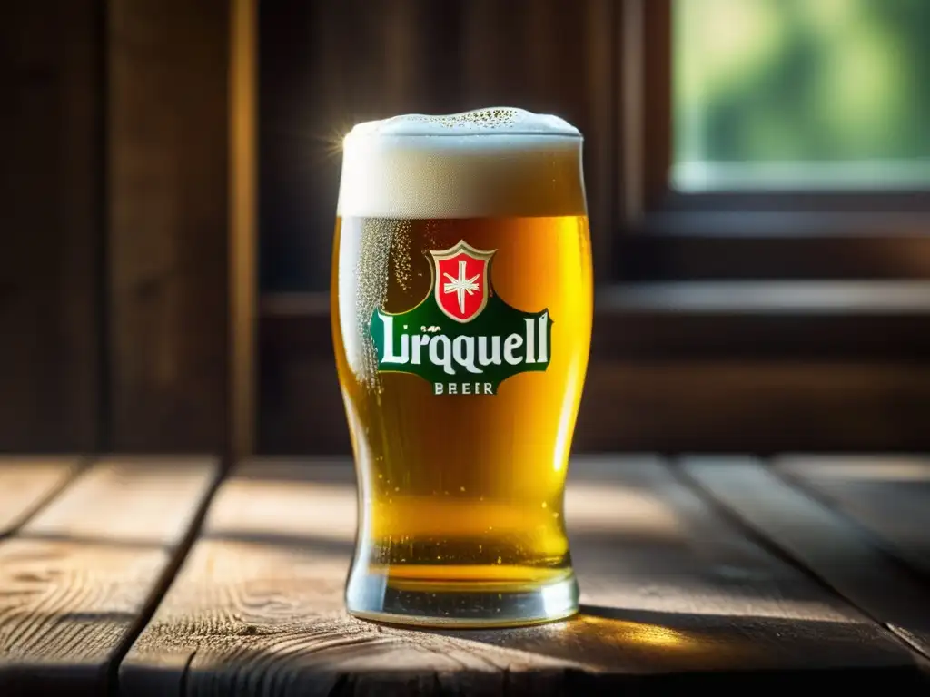 Cerveza Pilsner Urquell en mesa de madera iluminada, burbujas efervescentes, frescura y elegancia