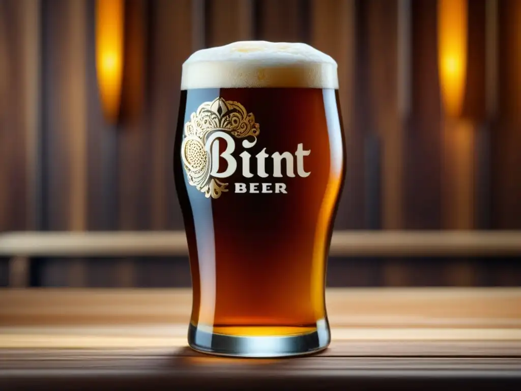 Imagen 8k de un vaso de cerveza ESB ámbar con espuma cremosa y burbujas en una mesa de madera