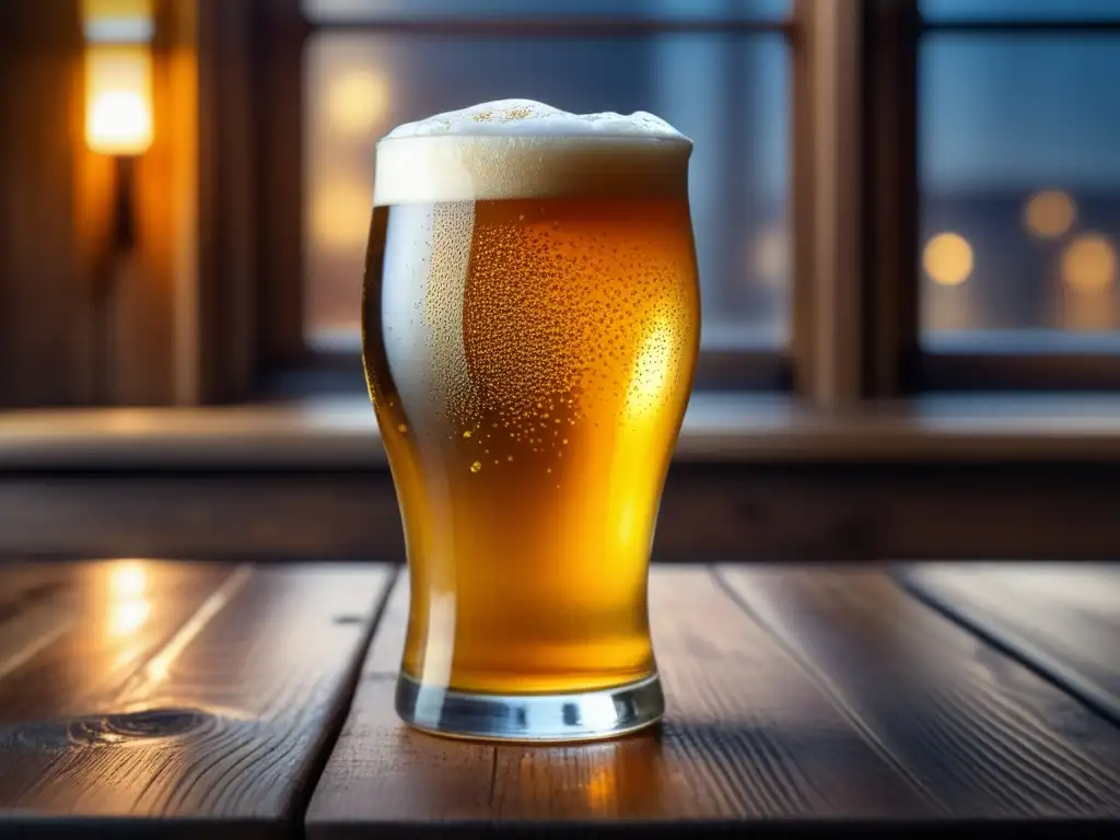Cerveza artesanal dorada con burbujas, en mesa de madera rústica - Ruta por Australia