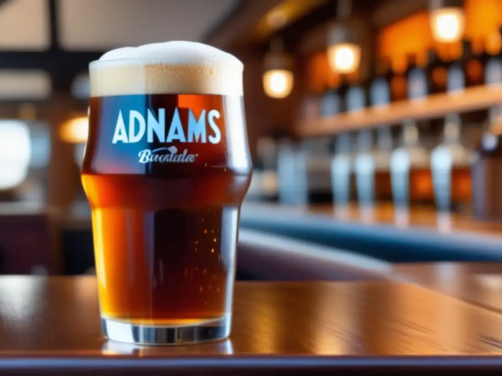 Pinta de Adnams Broadside, caramelo y burbujas - Vaso de cerveza Adnams Broadside, color ámbar con burbujas y condensación en barra de madera - Extra Special Bitter